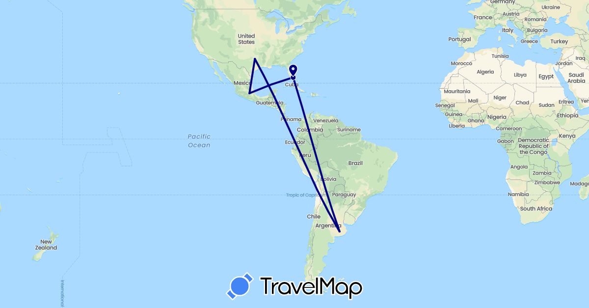 TravelMap itinerary: driving in Argentina, Mexico, United States (North America, South America)